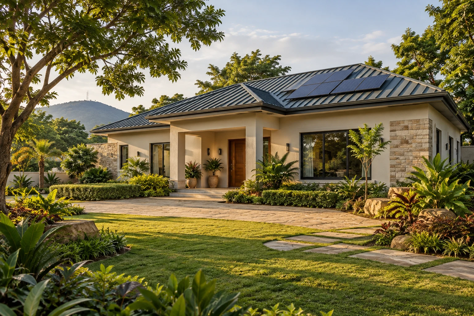 Illustrative view of a contemporary home with rooftop solar